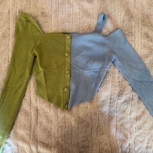 Cider Green and Blue Ribbed Asymmetrical Top